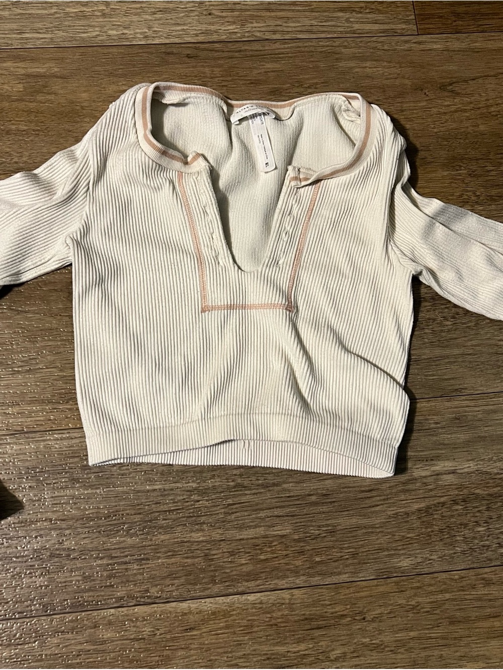 Dex Cream Ribbed Henley Top with Blush Trim